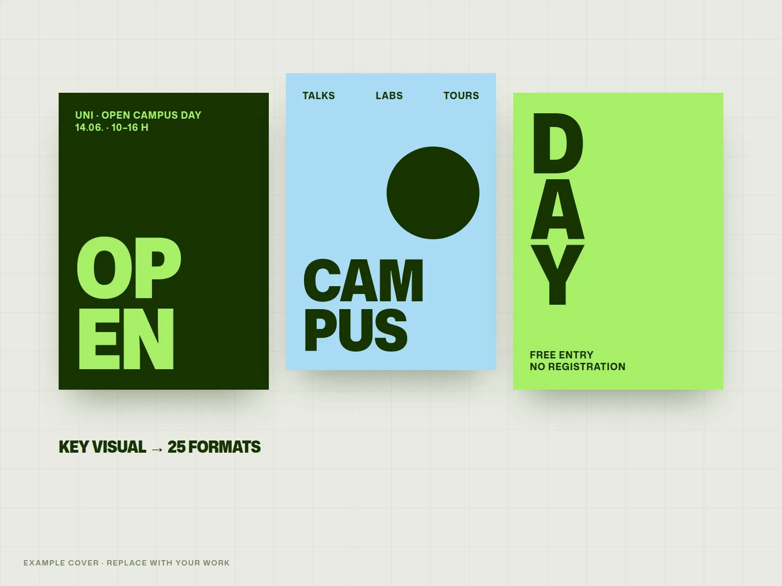 Three open day posters in dark green, light blue and lime reading Open, Campus, Day
