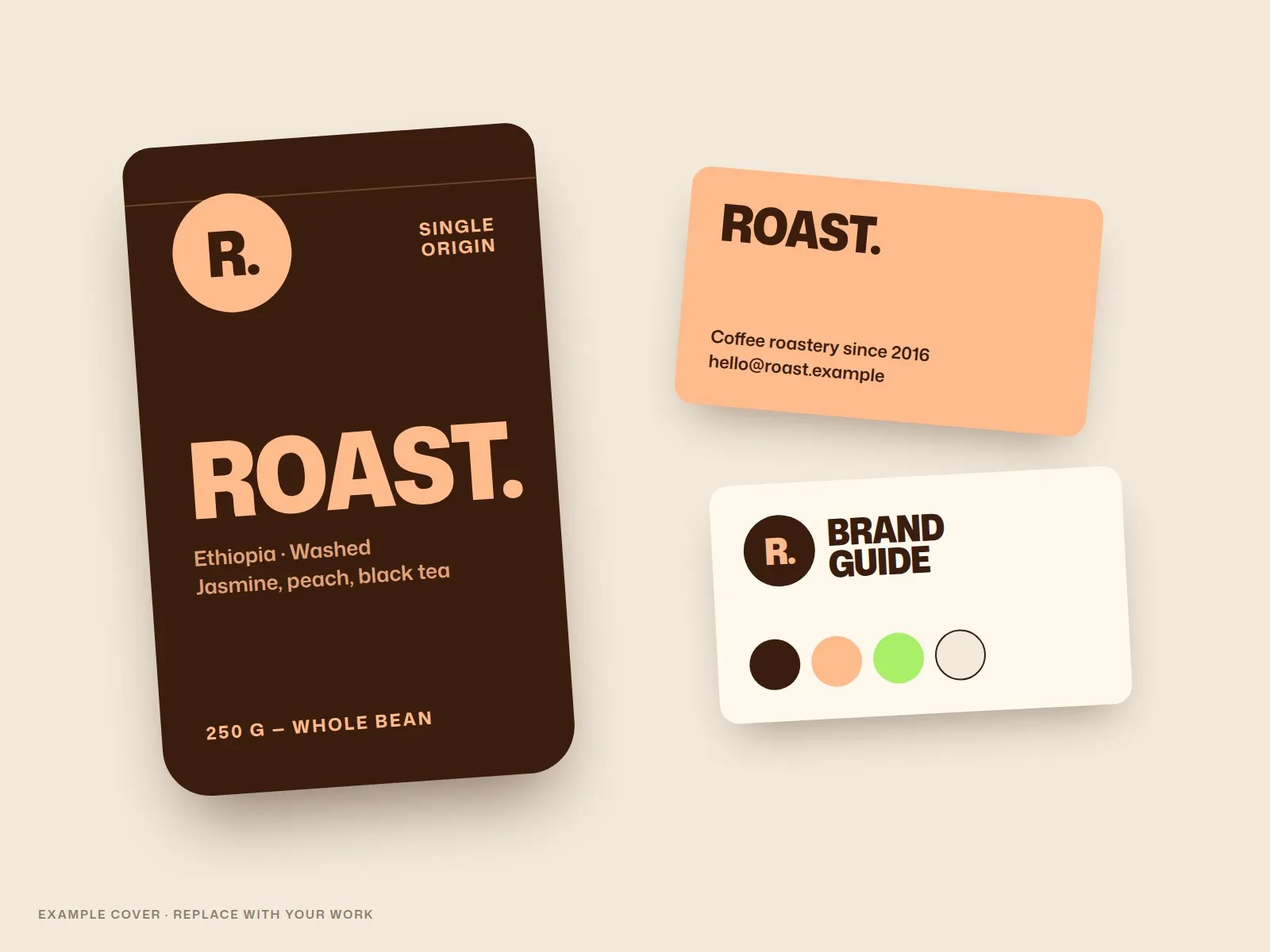 Coffee bag, business card and brand guide of the Roast identity in brown and apricot