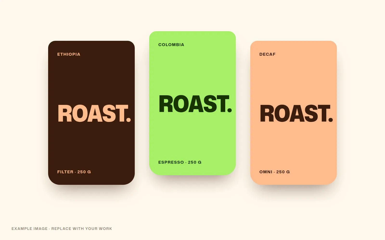Three coffee bags in brown, lime and apricot from the Roast packaging system